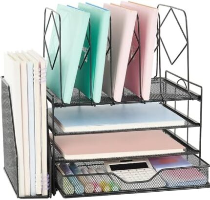 Spacrea Desk Organizers and Accessories, 4-Tier Letter Trays Paper Organizer with File Holder and Drawer, File Organizer for Home Office Supplies Desk Accessories & Workspace Organizers（Black）