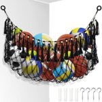 Sports Ball Storage Net or Hammock Macrame Hanging Organizer Stuff Animal Hanging Basket Mesh Plush Toys Basketball Holders for Balls Volleyballs Soccer Storage Rack Boho Decor for Flat Wall, Black