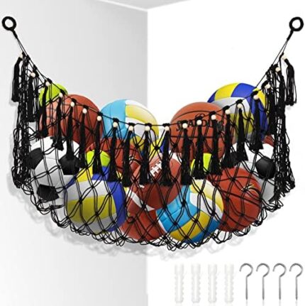 Sports Ball Storage Net or Hammock Macrame Hanging Organizer Stuff Animal Hanging Basket Mesh Plush Toys Basketball Holders for Balls Volleyballs Soccer Storage Rack Boho Decor for Flat Wall, Black