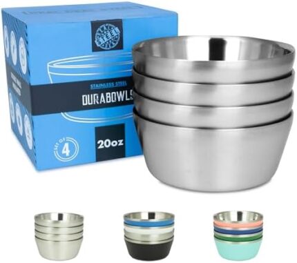 Stainless Steel Insulated Bowls - 20 Oz Double Wall Metal Bowls for Ice Cream, Salad, Soup, Cereal, Serving, Snack, Rice Dish, Camping Bowl (Stainless Steel)
