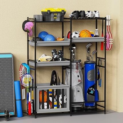 Sttoraboks Garage Sports Equipment Organizer, Large Sports Storage Rack Fits 2 Golf Bags and Other Sports Equipment, Sports Ball Gear Storage Stand with Oxford Baskets and Hooks for Indoor, Outdoor