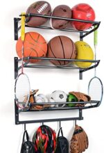 Sunix Garage Sports Equipment Storage, Basketball Rack with 3 Racks, Sports Equipment Organizer Wall Mount Shelf with 4 Hooks for Rackets, Sports Equipment Storage Rack, basketball Rack