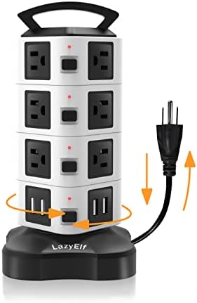 Surge Protector Power Strip Tower, Lazy Elf 6.5ft Extension Cord with Multiple Outlets, USB Ports, Overload Protection for Home Office (Black & White)