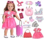 Sweet Dolly 18 Inch Doll Clothes and Accessories Travel Luggage Case Suitcase Play Set for 18 Inch Dolls, Unicorn Dress, Unicorn Pillow, Swimming Suit