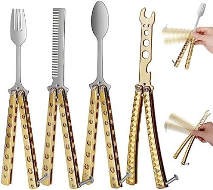 Syongzida 4 Pack Butterfly Comb, Butterfly Spoon, Butterfly Fork and Butterfly Wrench Bottle Opener Apply to Camping Hiking Kitchen BBQ Camping Utensils (Gold)