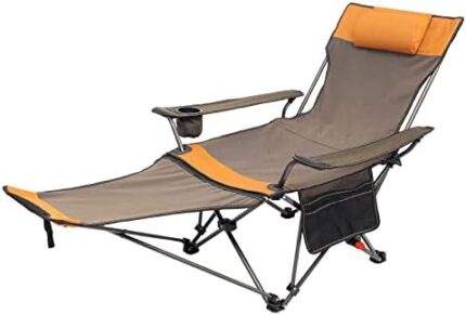 THUOPT Folding Camping Chair with Removable Footrest and Adjustable Backrest for Adults, Portable and Lightweight Reclining Lounge Chairs with Pillow, Cup Holder and Side Pocket for Outdoor