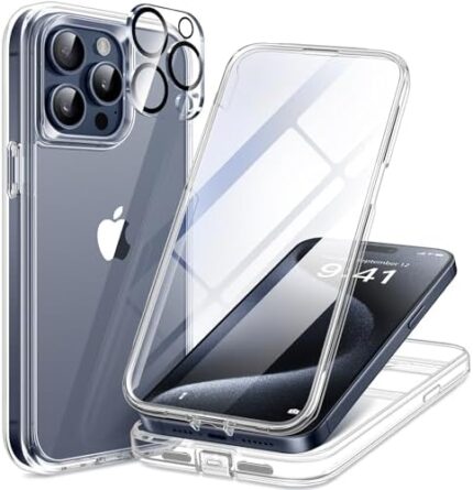 TIESZEN Compatible with iPhone 15 Pro Max Case, [Dustproof Design] Full-Body Rugged Shockproof Hard Phone Case with Built-in 9H Tempered Glass Screen Protector and 2X Camera Lens Protector, Clear