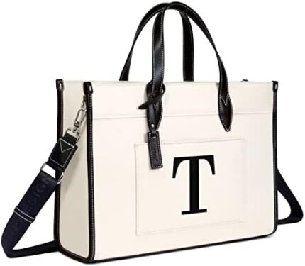 TOPDesign Initial Laptop Tote Bag for Women, Stylish Canvas Bag for 15.6 Inch Computer, Personalized Monogrammed Work Purse, Large Casual Business Briefcase, Office Handbag, Perfect Gifts for Her