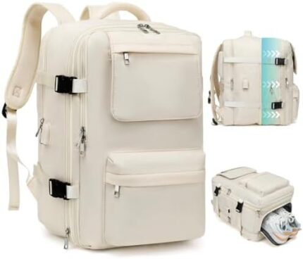 TRAVELHEART Travel Backpack for Women and Men - Carry On Backpack for Airplanes - Flight Approved - Large Expandable 45L, White