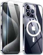 Temdan Strong Magnetic Case for iPhone 15 Pro Case Clear,[Compatible with MagSafe][Non-Yellowing] 2X[Glass Screen Protector] 12FT Shockproof Slim Fit Phone Case-Clear