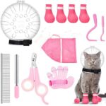 Therwen 8 Pcs Cat Bathing Bag Set Adjustable Pet Shower Net Bag Cat Helmet for Grooming Breathable Cat Muzzle Boots Paw Covers Nail Clipper Nail File Tick Tool Massage Brush Comb Pet Trimming Cleaning