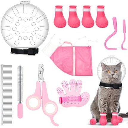 Therwen 8 Pcs Cat Bathing Bag Set Adjustable Pet Shower Net Bag Cat Helmet for Grooming Breathable Cat Muzzle Boots Paw Covers Nail Clipper Nail File Tick Tool Massage Brush Comb Pet Trimming Cleaning