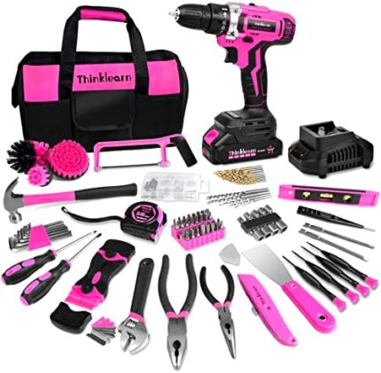ThinkLearn Tool Kit with 20V Cordless Drill(265in-lbs), Pink Drill Set for Women, Lady's Home Tool Kit for DIY, Daily Repair Tool Set as a Creative Gift with a Large-Capacity Tool Storage Bag