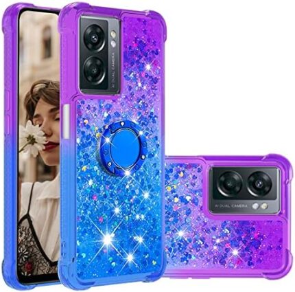 Tncavo Glitter Case for OnePlus Nord N300 for Woman, Moving Liquid Holographic Sparkle Bling Cases with Diamond Kickstand Phone Cover for Oppo A57 4G 2022/A77 5G/Narzo 50 5G/K10 5G JBZ Purple Blue