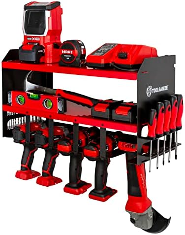 Toolganize Power Tool Organizer Wall Mount - Heavy Duty Metal - 5 Drill Holder Storage - Cordless Tool Organization - Utility Rack - Premium Garage Shelving - Pegboard Mounted Workshop Shelf Red