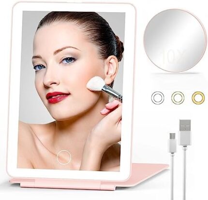 Travel Makeup Mirror with Lights, 10x Magnifying Round Mirror, Rechargeable Lighted Vanity Compact Mirror with 80 Leds, 3 Color Portable Light Up Folding Cosmetic Mirror Travel Essentials for Women