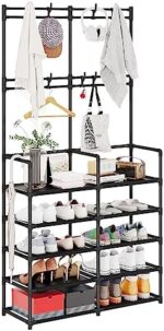UDEAR 5-Tier Coat and Shoe Rack, Entryway Coat rack with 8 Hooks, Double Row Shoes Organizer for Living Room, Bedroom, Office, Black