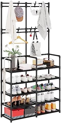 UDEAR 5-Tier Coat and Shoe Rack, Entryway Coat rack with 8 Hooks, Double Row Shoes Organizer for Living Room, Bedroom, Office, Black