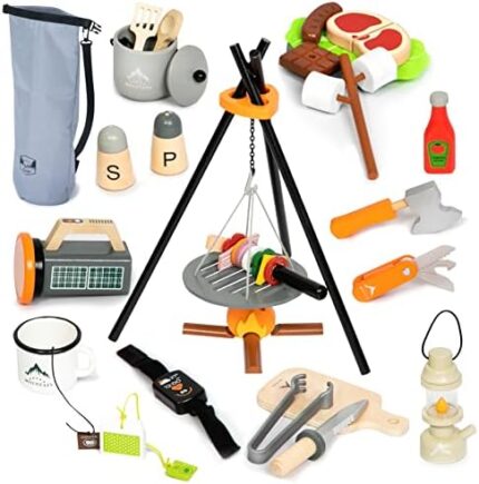 UMU Kids Camping Toys Set, Pretend Play with Campfire, Wooden Camping Playset Cutting Food for Play Kitchen Camping Gear for Kitchen Indoor Outdoor Camping Toys for Kids Toddlers Boys Age 3 4 5 6 7 8+