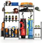 Uboway Golf Storage Organizer for Garage, Larger Ball Storage Rack with Baskets, Multi Sports Equipment Rack with Hooks, Garage Organizer Shelves for Golf Bag, Tennis Racket, Roller Skates, Black