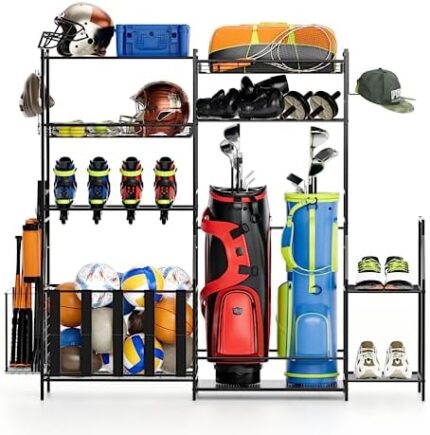 Uboway Golf Storage Organizer for Garage, Larger Ball Storage Rack with Baskets, Multi Sports Equipment Rack with Hooks, Garage Organizer Shelves for Golf Bag, Tennis Racket, Roller Skates, Black