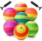 VARIETY SAVINGS Rainbow Playground Balls Set of 7 – Bouncy Balls for Kids, Seniors & Adults – Inflatable Colored Rubber Balls for Kickball, Dodgeball, Handball – Mesh Storage Bag, 2 Pumps & 4 Pins
