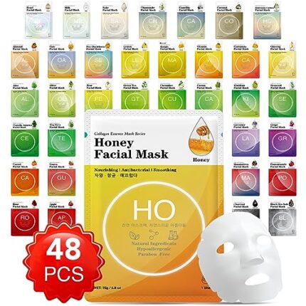 VESPRO Collagen Essence Sheet Facial Masks (48 Packs), Plant Extract and Sodium Hyaluronate, Skincare for All Skin Types, Moisturizing and Soothing, Natural Skin Care Spa Korean Face Mask