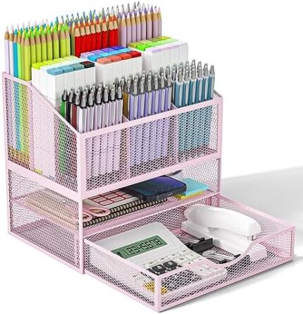 VITABONA Pink Marker Holder Organizer and Art Supply Desk Organizer for Kids, Large Capacity Pencil and Pen Organizer Storage for Desk, Multi-Functional Stationary Organizer for Office, Home, School