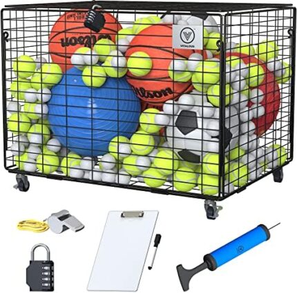 VITALOUS Ball Cart – Rolling Storage, Lockable Lid, Ball Cage for Garage or Gym, Sports Equipment Organizer, Multi Ball Storage, Metallic, Indoor and Outdoor