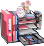 VIVSOL Desk Organizers and Accessories Storage with Large Vertical File Holder, Desk Organizers with Sliding drawers and Movable Pen Holder, Desk Organizer Shelf for Office Supplies (Style A)