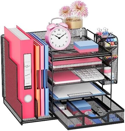 VIVSOL Desk Organizers and Accessories Storage with Large Vertical File Holder, Desk Organizers with Sliding drawers and Movable Pen Holder, Desk Organizer Shelf for Office Supplies (Style A)