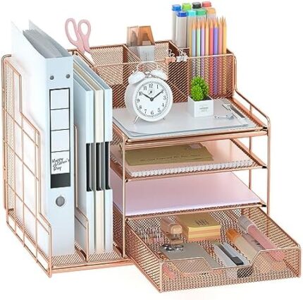 VIVSOL Rose Gold Desk Organizer, Desk Organizers and Office Desk Accessories with Drawer + Vertical File Sorters, Office Supplies for Women, Desk File Organizer Storage for Office, School, Home