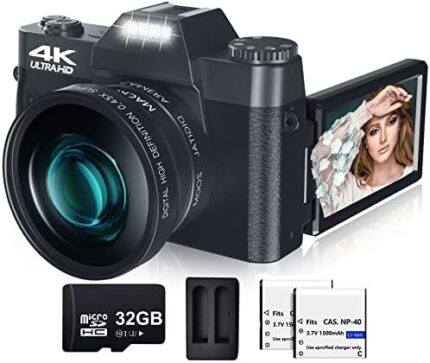 VJIANGER Digital Camera for Photography and Video 4K 48MP Vlogging Camera for YouTube with 180° Flip Screen,16X Digital Zoom,52mm Wide Angle & Macro Lens, 32GB TF Card, 2 Batteries (W01-Black)