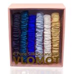 VLOMOT 6 Pcs Set 100% Pure Mulberry Silk Hair Scrunchies Silk Hair Ties with 6 Chic Colors Everyday Skinny Scrunchies Silk Ponytail Holders Hair Care No Damage (Blue)