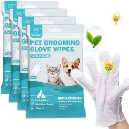 Vannon Pet Bathing Wipes for Dogs & Cats, Cleaning & Deodorizing Grooming Gloves, Nourish Fur Glove Wipes for Daily Care and Traveling, Rinse Free，4 Pack, 24 PCS