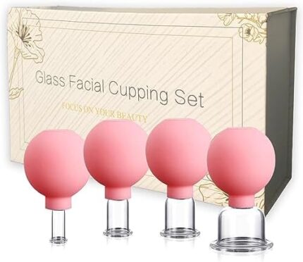 Verynewbee Glass Facial Cupping Gift Set - 4Pcs Face Cupping Therapy Sets, Silicone Vacuum Suction Cupping Cups, Anti Aging Facial Massage Cupping Tool, For Face, Neck and Whole Body (Pink)