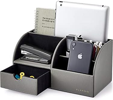 Vlando Desk Organizers with Drawer, Back to School Supplies for Desk Caddy with 5 Compartment Desktop Storage Holder with Organizer Section for Desk Accessories(Gray)