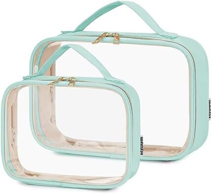 WANDF TSA Approved Toiletry Bag Large Opening 2 Pack Clear Makeup Bag with Handle Carry-on Travel Accessories Quart Size Toiletries Cosmetic Pouch for Women (Mint Green)