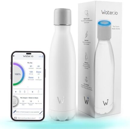 WATER.IO Smart Water Bottle - Track Water Intake with Color Changing LED Reminder & Bluetooth Free App. Dishwasher Safe Drink More Motivational Water Bottle. 17oz BPA-Free Stainless Steel. Great Gift