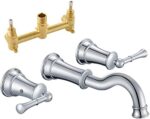 WINKEAR Wall Mount Bathroom Sink Faucet 3 Hole Chrome 2 Lever Handles 8 inch Widespread Lavatory Faucet 360° Swivel Spout Brass Rough-in Included