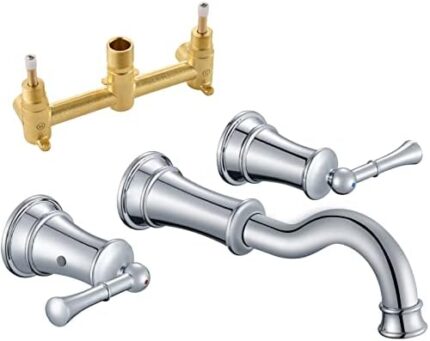 WINKEAR Wall Mount Bathroom Sink Faucet 3 Hole Chrome 2 Lever Handles 8 inch Widespread Lavatory Faucet 360° Swivel Spout Brass Rough-in Included