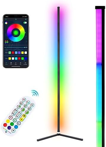 WISIMMALL RGB Corner Floor Lamp, Bluetooth APP and Remote Control Music Sync LED Modern Floor Lamp for Living Room, Light Timing, 398 Dimmable Modes, 64.5" RGB Color Changing Mood Lighting