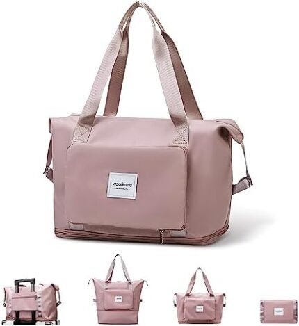 WOOMADA Foldable Travel Duffel Bag, Weekender Bags for Women, Tote Bag with Expandable Space, Carry on bags for airplanes with Wet Pocket & Trolley Sleeve, Gym Bag for Women, Lightweight (pink)