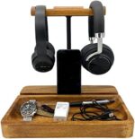 WRIGHTMART Wooden Headphone Stand, Universal Dual Headset Holder, Desktop Earphone Hanger, Cell Phone Tablet Slot, Décor for a Busy Office Workspace, Large Catch All Base Tray Acacia Wood