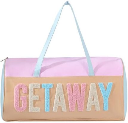 Weekender Bag Chenille Letter Duffle Bag Preppy Weekender Bag with Patches Leather travel duffel bags Women Carry On Weekender Overnight Bag for Sports Travel, Gym, Yog（blue get away）…