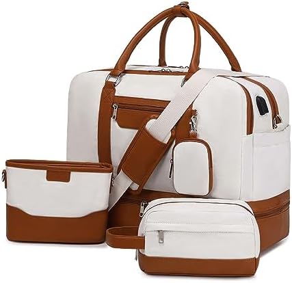 Weekender Travel Duffel Bags for Women,Large Overnight Bag Gym Bag Carry on Tote with Shoe Compartment and Separate Toiletry Bag 21"for Men & Women Gift 4Pcs Set