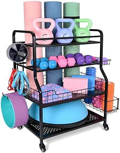 Weight Rack for Dumbbells, PeBro Dumbbell Rack Weight Stand, Home Gym Storage Rack 450lbs Weight Cap, Weight Holder Rack for Dumbbells Kettlebells Balance Ball Yoga Mat Storage with Hooks and Wheels