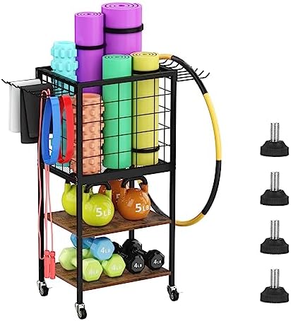 Weight Rack for Dumbbells, Yoga Mat Storage Rack, Home Gym Workout Equipment Storage Organizer, 3-Tier Wooden Dumbbell Rack Weight Stand with Hooks, Yoga Mat Holder with Wheels for Yoga Block