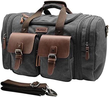 Wildroad 50L Travel Duffel Bag, Expandable Canvas Genuine Leather Duffle Bag Upgraded Overnight Weekender Bag Carry on Bag