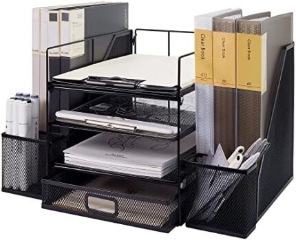 Winblo Desk Organizer - 4 Tier Mesh Organizers with 2 File Holders - Desktop Organizer and Storage with Drawer & 2 Pen Holders - Desk Top Accessories & Workspace Organizer - Home Office Supplies